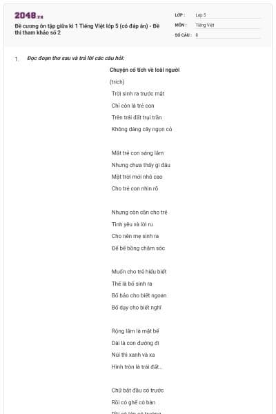 Đề cương ôn tập giữa kì 1 Tiếng Việt lớp 5 (có đáp án) - Đề thi tham khảo số 2