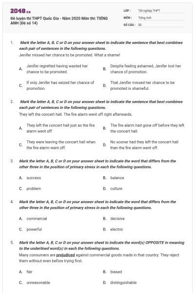 Đề luyện thi THPT Quốc Gia - Năm 2020 Môn thi: TIẾNG ANH (Đề số 14)