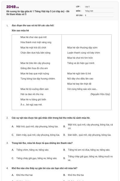 Đề cương ôn tập giữa kì 1 Tiếng Việt lớp 5 (có đáp án) - Đề thi tham khảo số 5