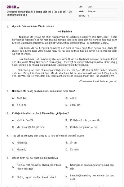 Đề cương ôn tập giữa kì 1 Tiếng Việt lớp 5 (có đáp án) - Đề thi tham khảo số 6