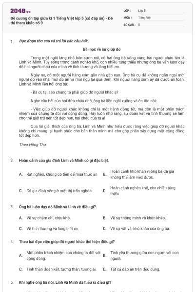 Đề cương ôn tập giữa kì 1 Tiếng Việt lớp 5 (có đáp án) - Đề thi tham khảo số 9