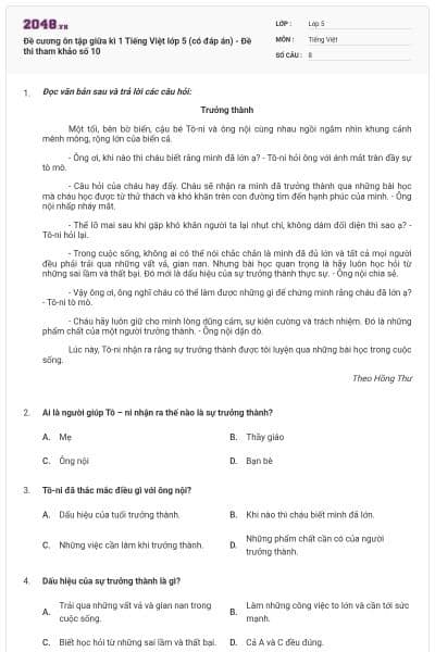 Đề cương ôn tập giữa kì 1 Tiếng Việt lớp 5 (có đáp án) - Đề thi tham khảo số 10