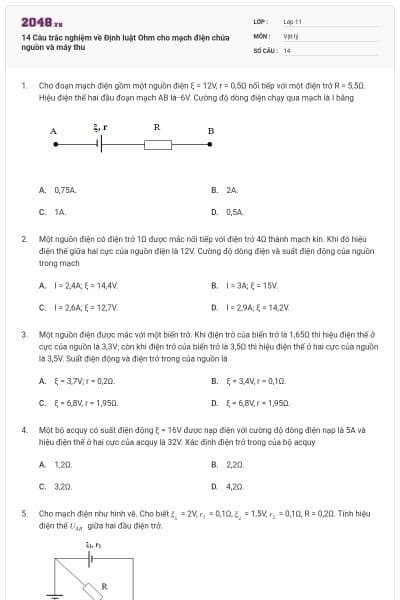 14 Câu trắc nghiệm về Định luật Ohm cho mạch điện chứa nguồn và máy thu