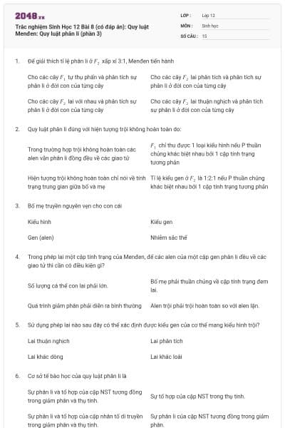 Trắc nghiệm Sinh Học 12 Bài 8 (có đáp án): Quy luật Menđen: Quy luật phân li (phần 3)