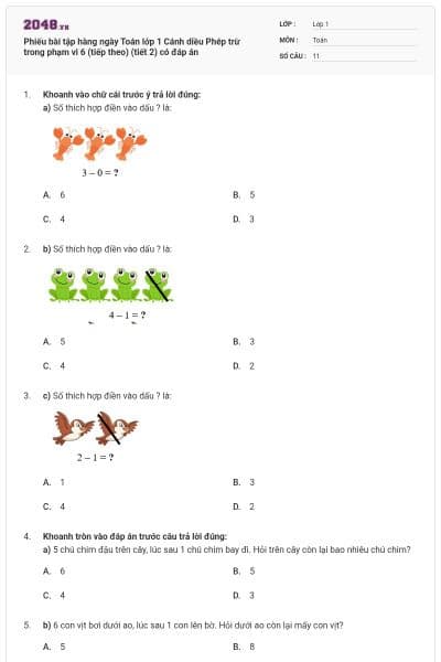 Phiếu bài tập hàng ngày Toán lớp 1 Cánh diều Phép trừ trong phạm vi 6 (tiếp theo) (tiết 2) có đáp án