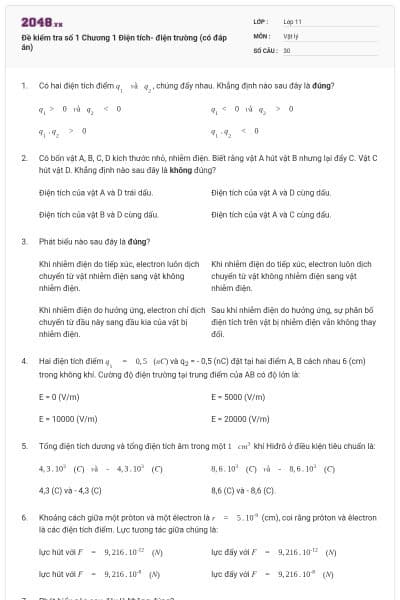 Đề kiểm tra số 1 Chương 1 Điện tích- điện trường (có đáp án)