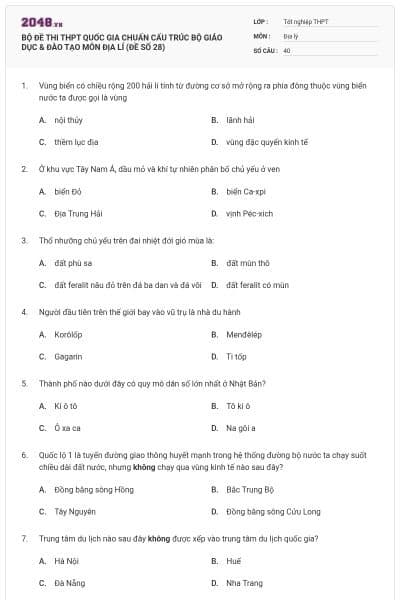 BỘ ĐỀ THI THPT QUỐC GIA CHUẨN CẤU TRÚC BỘ GIÁO DỤC & ĐÀO TẠO MÔN ĐỊA LÍ (ĐỀ SỐ 28)