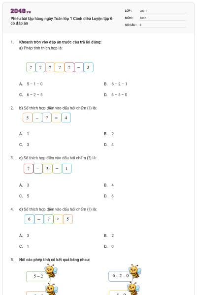 Phiếu bài tập hàng ngày Toán lớp 1 Cánh diều Luyện tập 6 có đáp án
