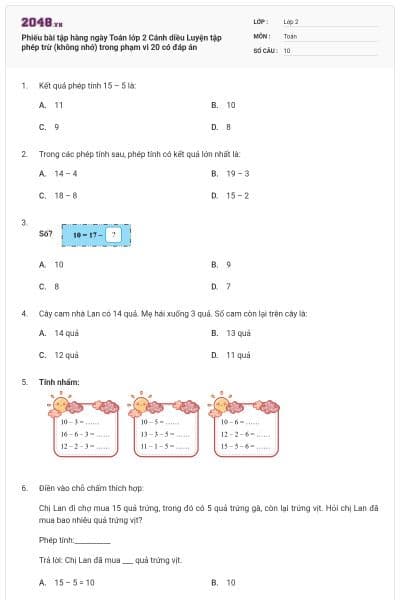 Phiếu bài tập hàng ngày Toán lớp 2 Cánh diều Luyện tập phép trừ (không nhớ) trong phạm vi 20 có đáp án