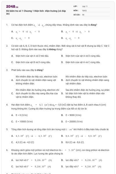 Đề kiểm tra số 1 Chương 1 Điện tích- điện trường (có đáp án)
