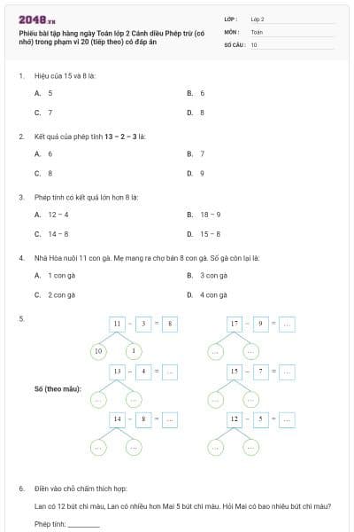 Phiếu bài tập hàng ngày Toán lớp 2 Cánh diều Phép trừ (có nhớ) trong phạm vi 20 (tiếp theo) có đáp án