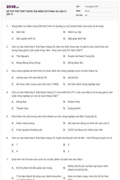 ĐỀ THI THỬ THPT QUỐC GIA NĂM 2019 Môn thi: ĐỊA LÍ (Đề 7)