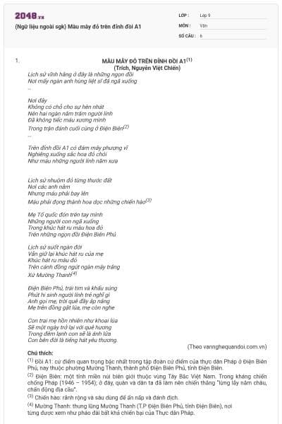 (Ngữ liệu ngoài sgk) Màu mây đỏ trên đỉnh đồi A1