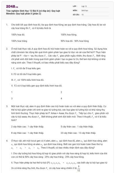 Trắc nghiệm Sinh Học 12 Bài 8 (có đáp án): Quy luật Menđen: Quy luật phân li (phần 2)