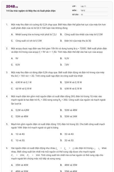 14 Câu trắc ngiệm về Máy thu và Suất phản điện