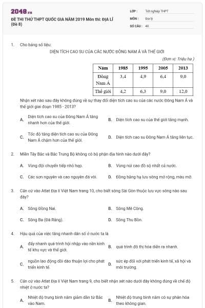 ĐỀ THI THỬ THPT QUỐC GIA NĂM 2019 Môn thi: ĐỊA LÍ (Đề 8)