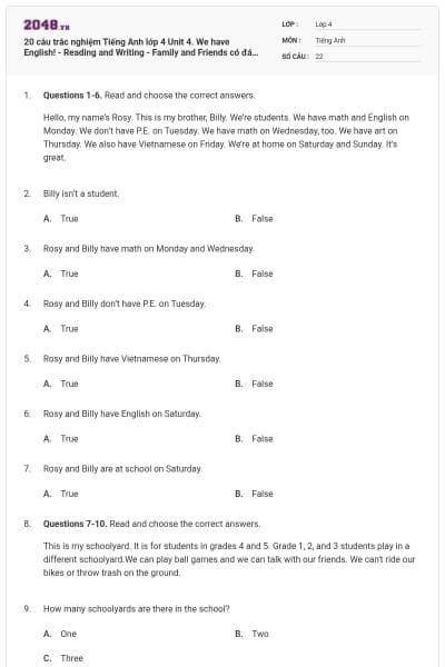 20 câu trắc nghiệm Tiếng Anh lớp 4 Unit 4. We have English! - Reading and Writing - Family and Friends có đáp án