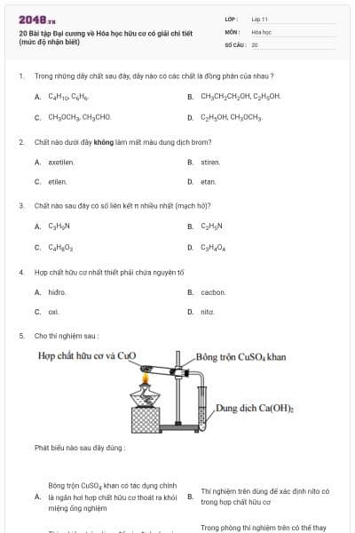 20  Bài tập Đại cương về Hóa học hữu cơ có giải chi tiết (mức độ nhận biết)