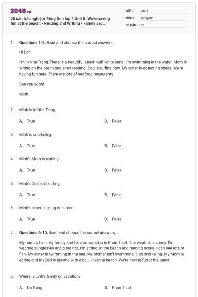 20 câu trắc nghiệm Tiếng Anh lớp 4 Unit 5. We’re having fun at the beach! - Reading and Writing - Family and Friends có đáp án