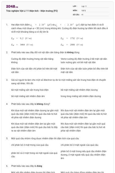 Trắc nghiệm Vật Lí 11 Điện tích - Điện trường (P2)
