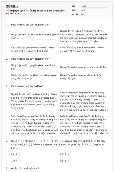 Trắc nghiệm Vật lý 11: Ôn tập chương 2 Dòng điện không đổi có đáp án