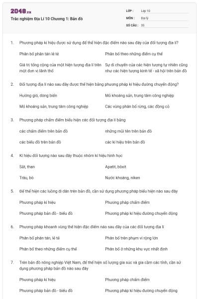 Trắc nghiệm Địa Lí 10 Chương 1: Bản đồ