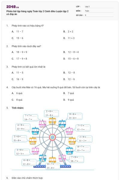 Phiếu bài tập hàng ngày Toán lớp 2 Cánh diều Luyện tập 2 có đáp án