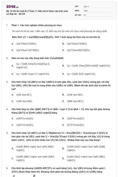 Bộ 10 đề thi cuối kì 2 Toán 11 Kết nối tri thức cấu trúc mới có đáp án - Đề 04