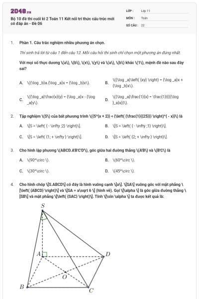 Bộ 10 đề thi cuối kì 2 Toán 11 Kết nối tri thức cấu trúc mới có đáp án - Đề 06