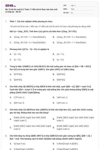 Bộ 10 đề thi cuối kì 2 Toán 11 Kết nối tri thức cấu trúc mới có đáp án - Đề 07