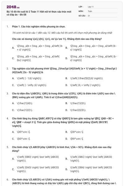 Bộ 10 đề thi cuối kì 2 Toán 11 Kết nối tri thức cấu trúc mới có đáp án - Đề 08