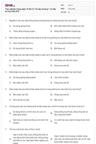 Trắc nghiệm Công nghệ 10 Bài 21: Ôn tập chương 1 có đáp án hay nhất (P2)