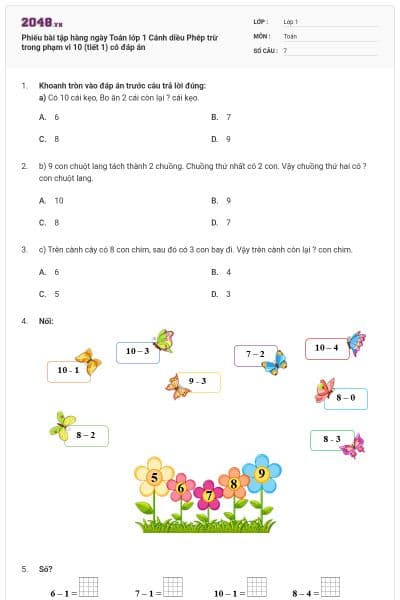 Phiếu bài tập hàng ngày Toán lớp 1 Cánh diều Phép trừ trong phạm vi 10 (tiết 1) có đáp án