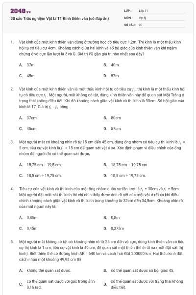 20 câu Trắc nghiệm Vật Lí 11 Kính thiên văn (có đáp án)