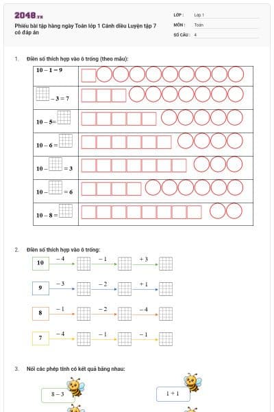 Phiếu bài tập hàng ngày Toán lớp 1 Cánh diều Luyện tập 7 có đáp án