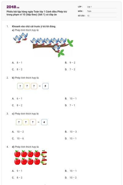 Phiếu bài tập hàng ngày Toán lớp 1 Cánh diều Phép trừ trong phạm vi 10 (tiếp theo) (tiết 1) có đáp án