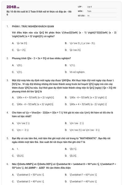 Bộ 10 đề thi cuối kì 2 Toán 8 Kết nối tri thức có đáp án - Đề 6