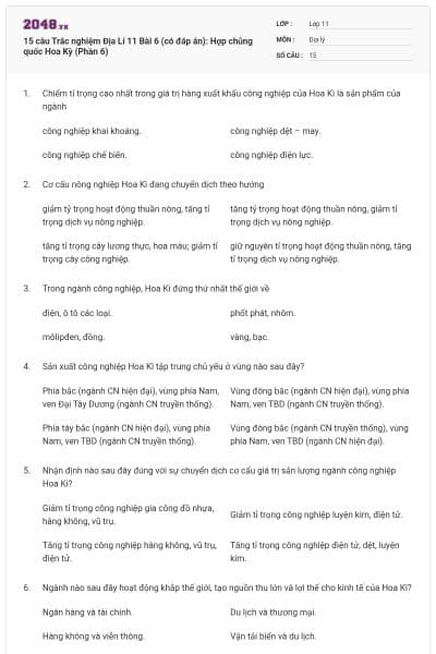 15 câu  Trắc nghiệm Địa Lí 11 Bài 6 (có đáp án): Hợp chủng quốc Hoa Kỳ (Phần 6)