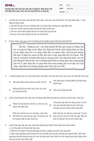 Hướng dẫn viết Tập làm văn lớp 5 Dạng 8: Viết đoạn văn thể hiện tình cảm, cảm xúc về một bài thơ có đáp án