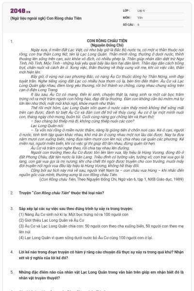 (Ngữ liệu ngoài sgk) Con Rồng cháu Tiên