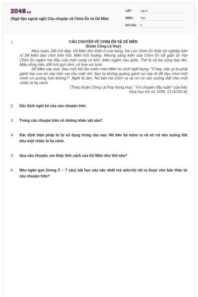 (Ngữ liệu ngoài sgk) Câu chuyện về Chim Én và Dế Mèn