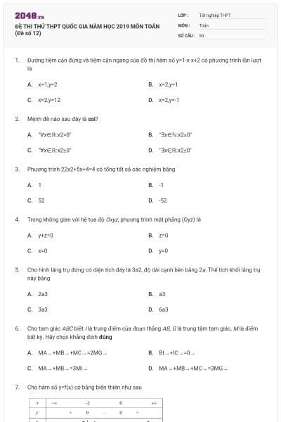 ĐỀ THI THỬ THPT QUỐC GIA NĂM HỌC 2019 MÔN TOÁN (Đề số 12)