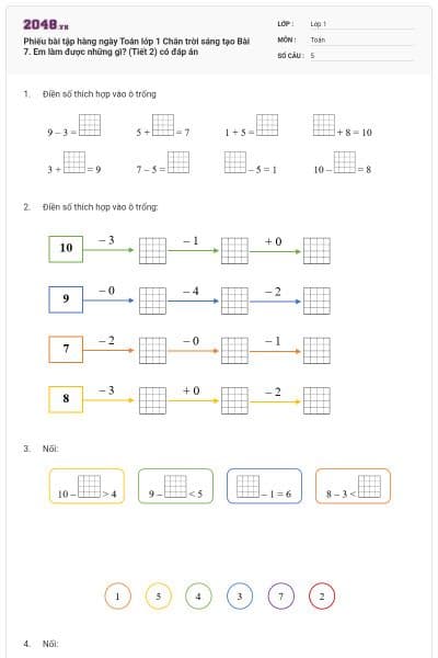 Phiếu bài tập hàng ngày Toán lớp 1 Chân trời sáng tạo Bài 7. Em làm được những gì? (Tiết 2) có đáp án