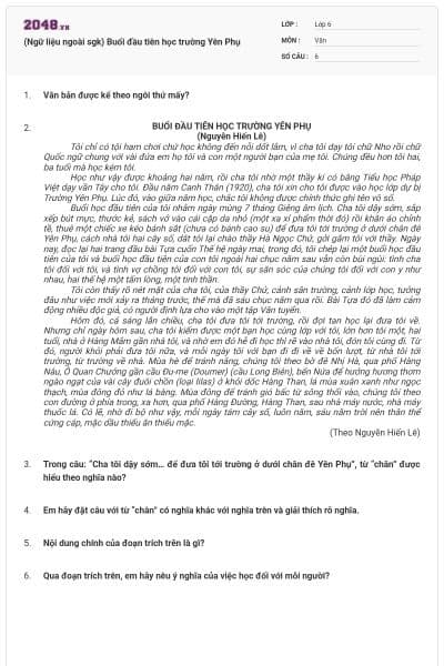 (Ngữ liệu ngoài sgk) Buổi đầu tiên học trường Yên Phụ