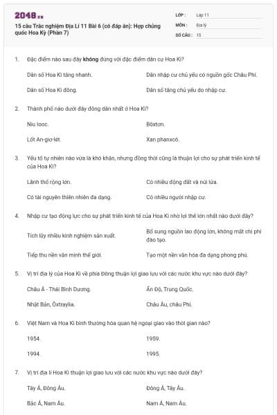 15 câu  Trắc nghiệm Địa Lí 11 Bài 6 (có đáp án): Hợp chủng quốc Hoa Kỳ (Phần 7)