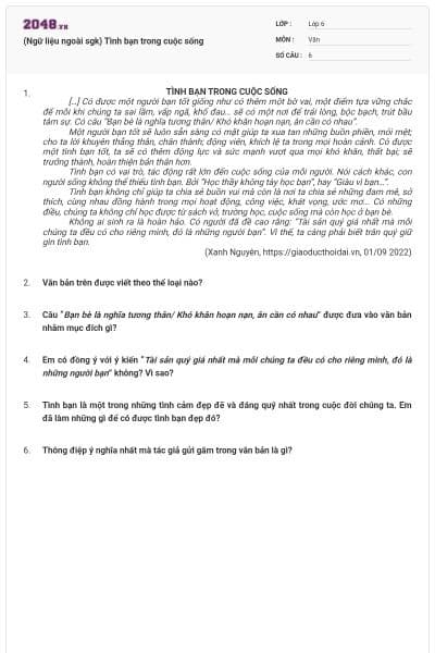 (Ngữ liệu ngoài sgk) Tình bạn trong cuộc sống