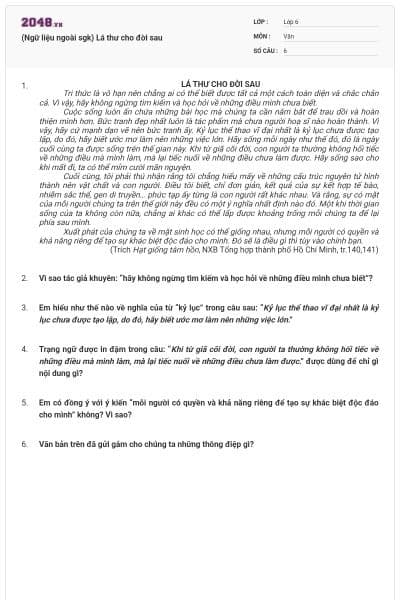 (Ngữ liệu ngoài sgk) Lá thư cho đời sau