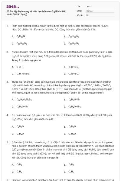 20  Bài tập Đại cương về Hóa học hữu cơ có giải chi tiết (mức độ vận dụng)