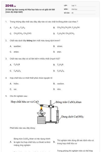 20  Bài tập Đại cương về Hóa học hữu cơ có giải chi tiết (mức độ nhận biết)