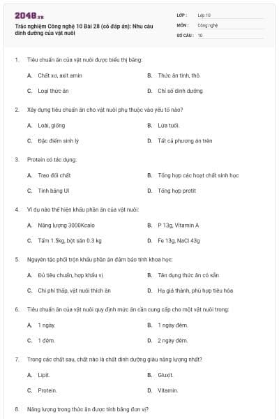 Trắc nghiệm Công nghệ 10 Bài 28 (có đáp án): Nhu câu dinh dưỡng của vật nuôi